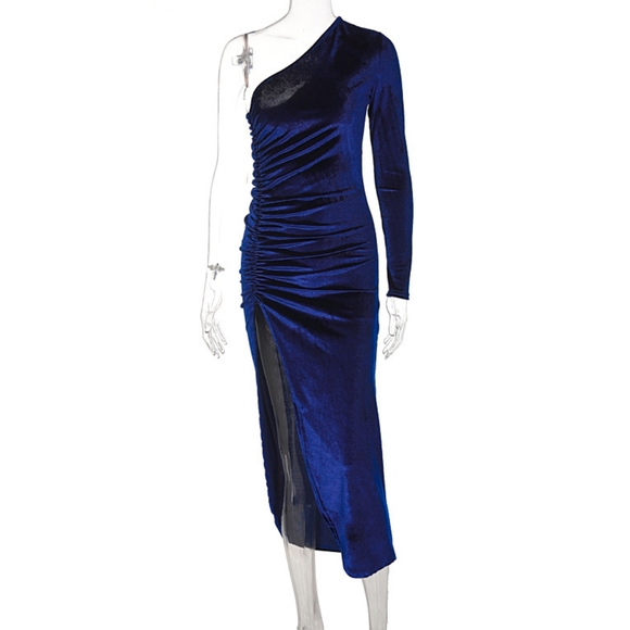 Women Elegant Long Sleeve Party Evening Velvet Bodycon Split Pencil Midi Dress - Picture 6 of 7